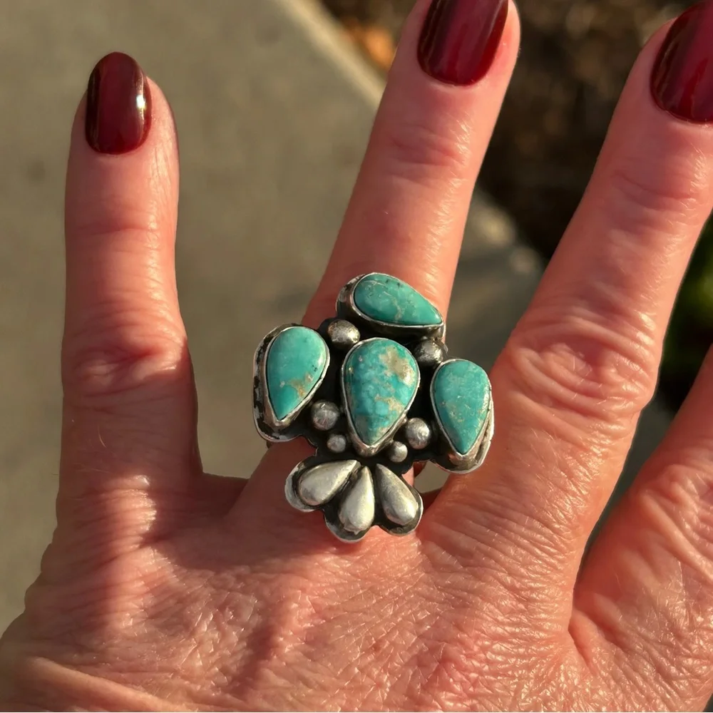 Russell Sam Native American White Water Turquoise Sterling Statement Ring - Picture 12 of 14